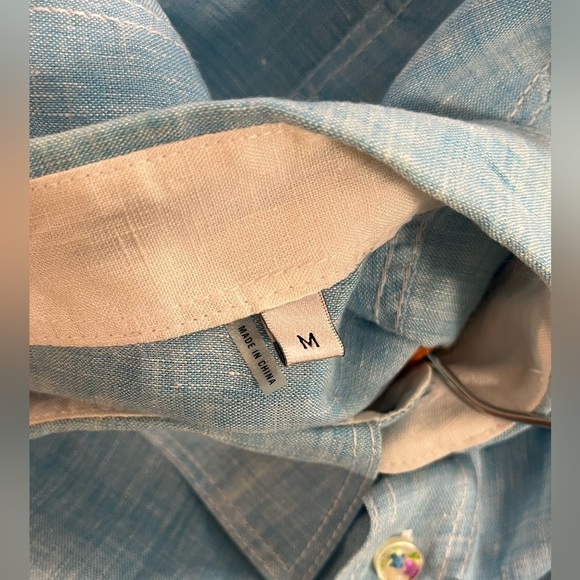 Bugatchi Shaped Fit 100% Linen Light Blue Button-Up Shirt Roll Top Sleeves M - Picture 13 of 13